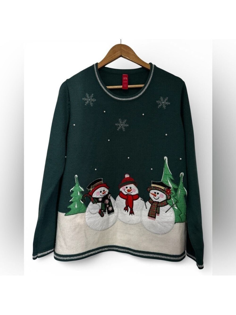 Kitschy Snowman Appliqué Knit Holiday Sweater Forest Green XL